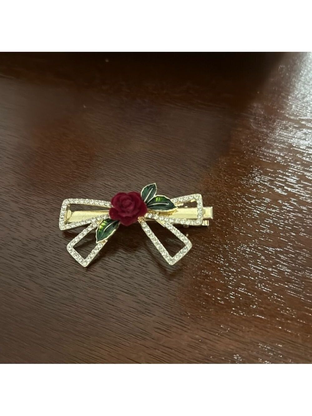 NWT Rose Rhinestone Bow Hair Clip Gold Tone Hair Accessory